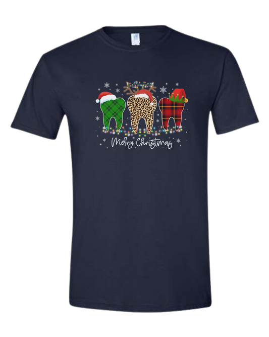 "Merry Christmas" buffalo plaid and leopard print teeth graphic Unisex crew-neck  graphic tee Navy Blue