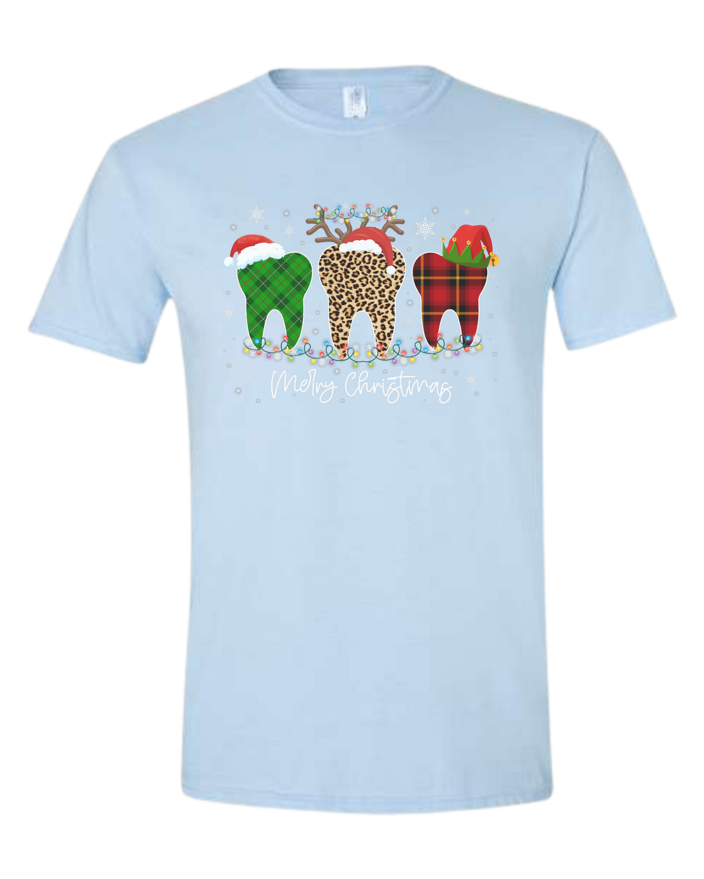 "Merry Christmas" buffalo plaid and leopard print teeth graphic Unisex crewneck graphic tee (light colors) Ice blue