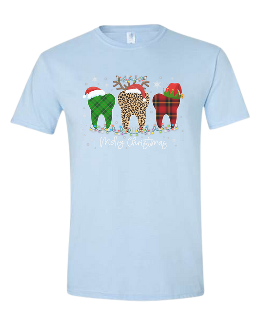 "Merry Christmas" buffalo plaid and leopard print teeth graphic Unisex crewneck graphic tee (light colors) Ice blue