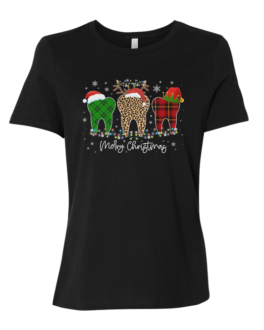 "Merry Christmas" buffalo plaid and leopard print teeth graphic Women's fit premium crewneck tee Black