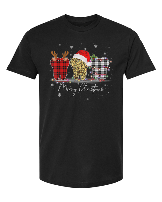 Merry Christmas three large buffalo plaid and leopard print teeth surrounded by lights design Unisex crew-neck  graphic tee Black