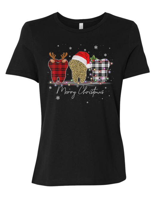 Merry Christmas three large buffalo plaid and leopard print teeth surrounded by lights design Women's fit premium crewneck tee Black