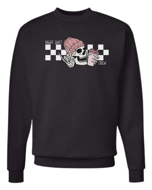 "Night Shift Crew" nursing skeleton holding coffee cup Classic unisex crewneck sweatshirt Black