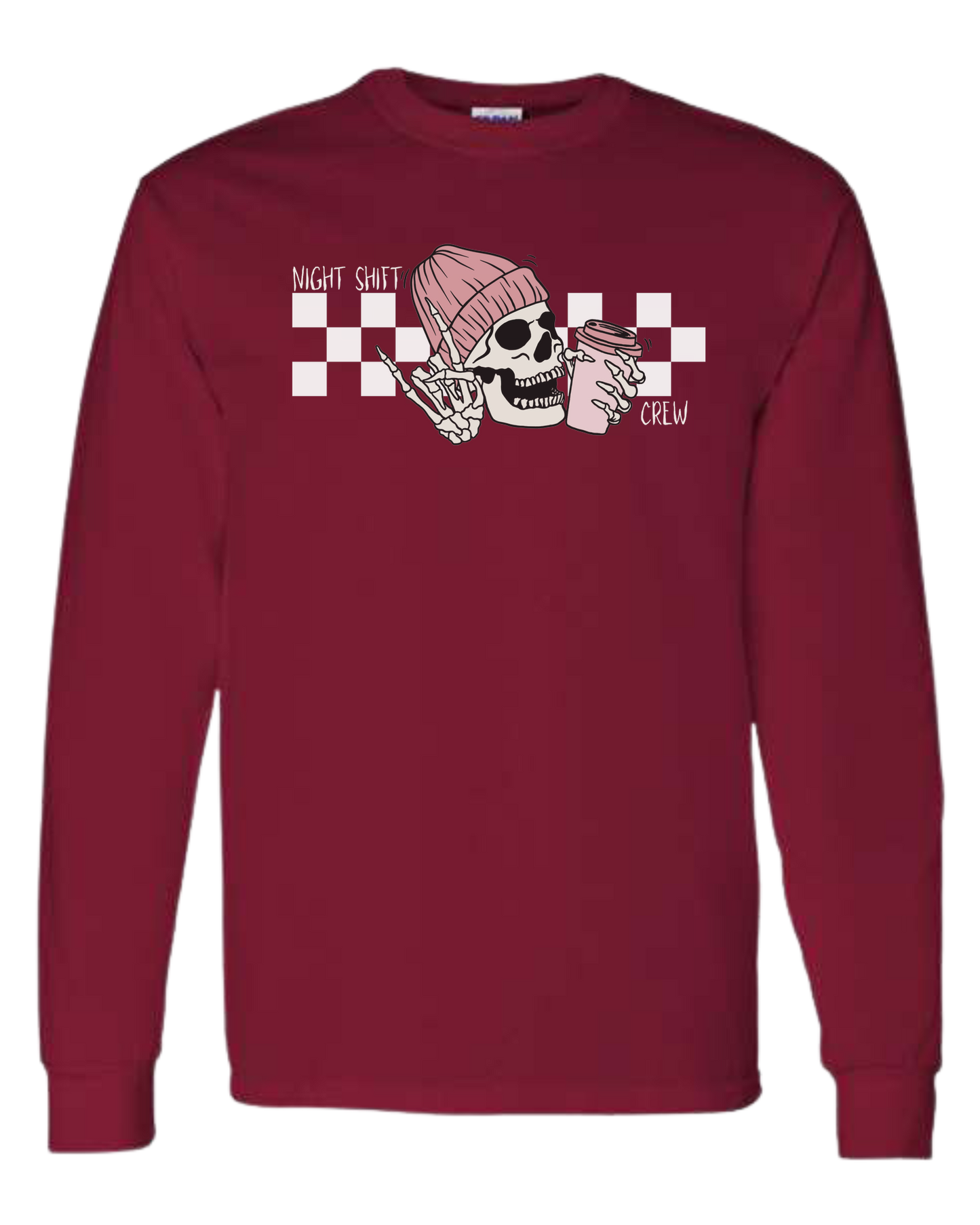 "Night Shift Crew" nursing skeleton holding coffee cup Classic unisex crewneck sweatshirt Cardinal Red