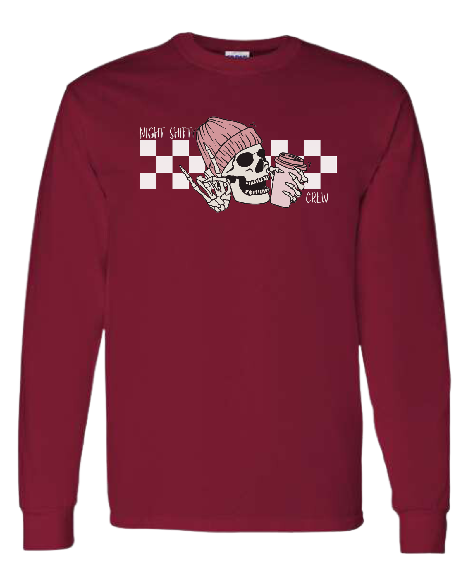 "Night Shift Crew" nursing skeleton holding coffee cup Classic unisex crewneck sweatshirt Cardinal Red