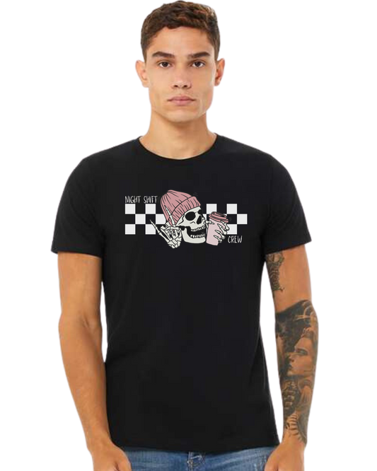 "Night Shift Crew" nursing skeleton holding coffee cup Premium unisex crewneck tee Black