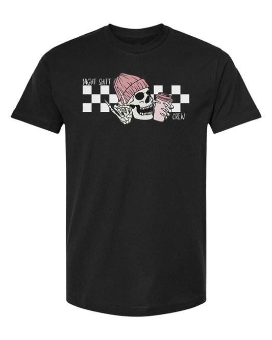 "Night Shift Crew" nursing skeleton holding coffee cup Unisex crew-neck  graphic tee Black