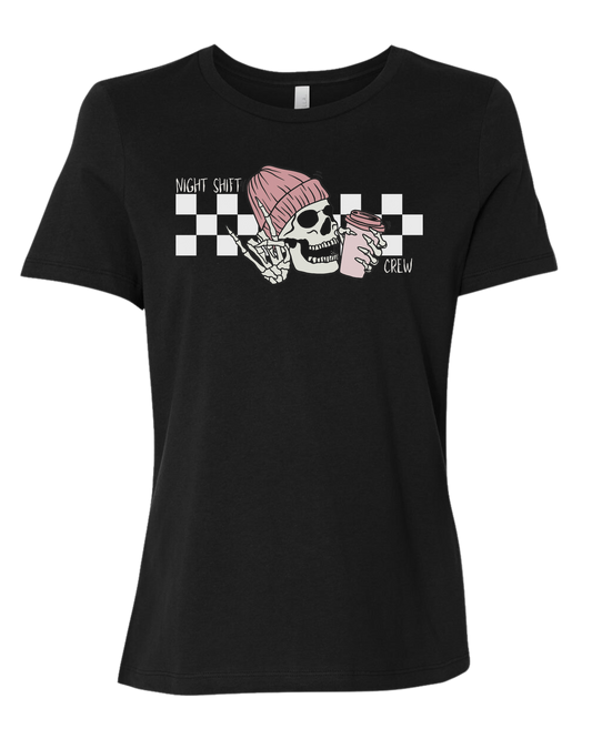 "Night Shift Crew" nursing skeleton holding coffee cup Women's fit premium crewneck tee Black