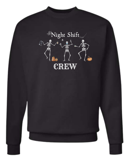 "Night Shift Crew" three skeleton nurses dancing graphic tee Classic unisex crewneck sweatshirt Black