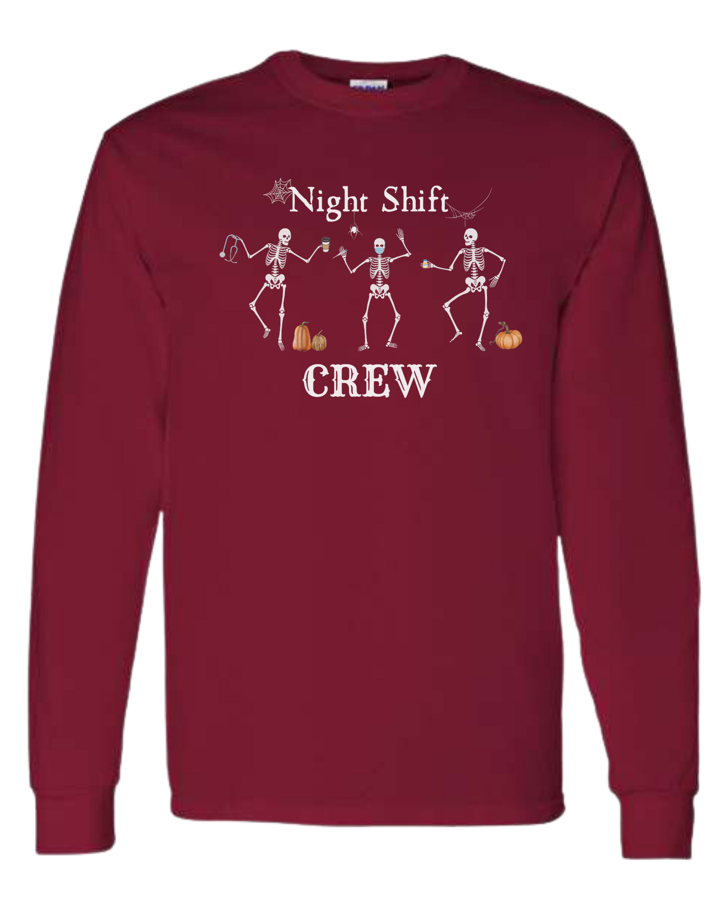 "Night Shift Crew" three skeleton nurses dancing graphic tee Classic unisex crewneck sweatshirt Cardinal Red