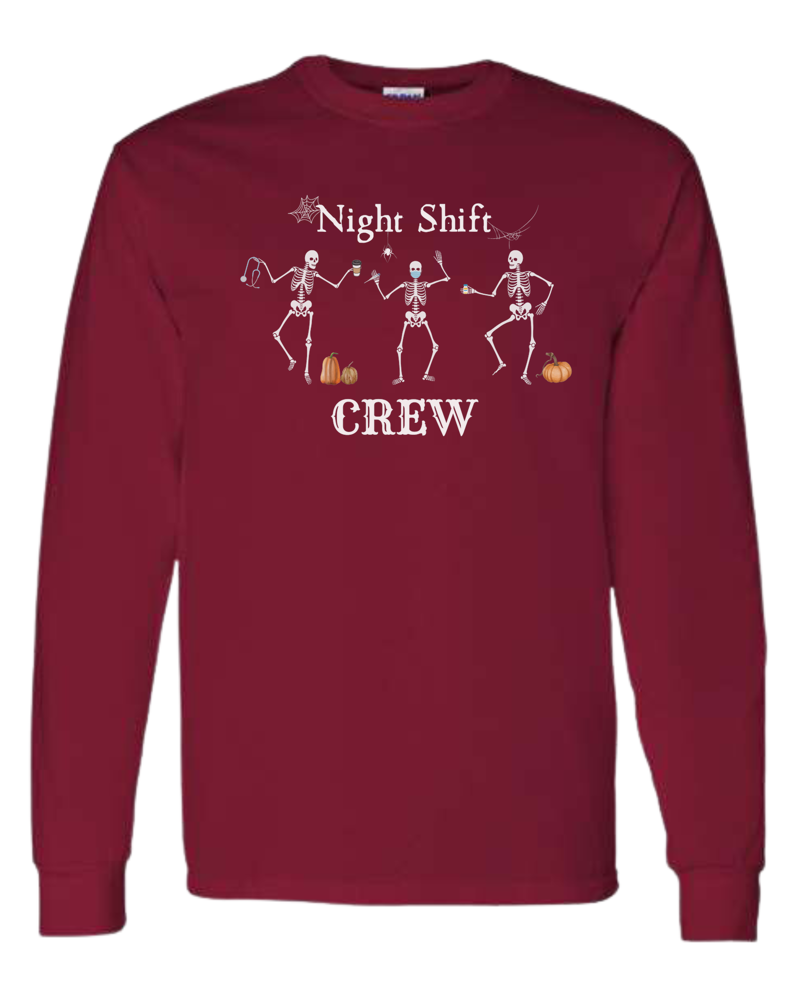 "Night Shift Crew" three skeleton nurses dancing graphic tee Classic unisex crewneck sweatshirt Cardinal Red
