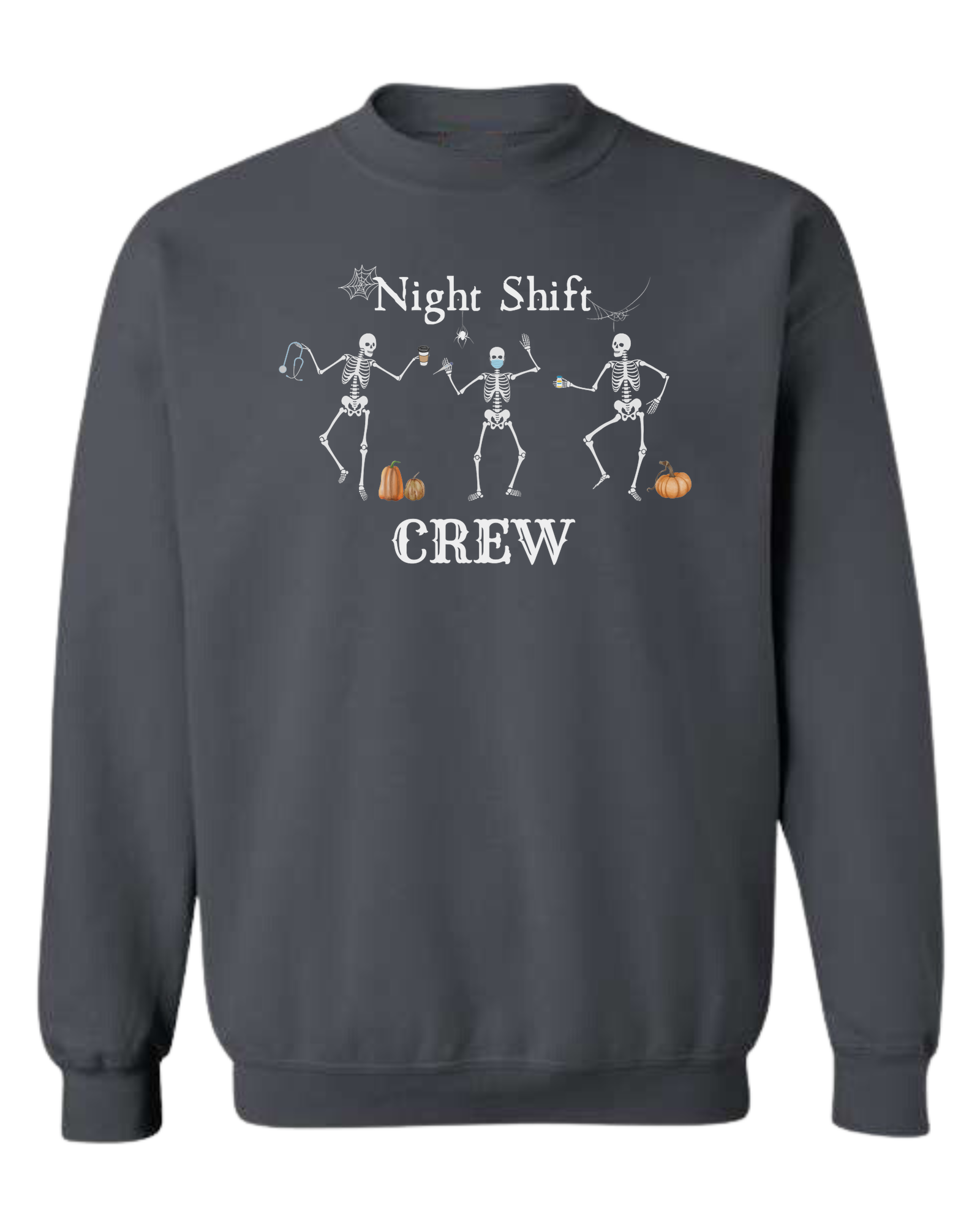 "Night Shift Crew" three skeleton nurses dancing graphic tee Classic unisex crewneck sweatshirt Dark Grey