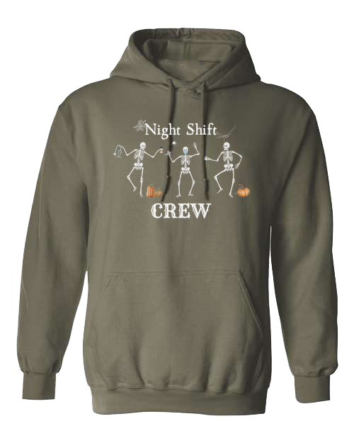 "Night Shift Crew" three skeleton nurses dancing graphic tee Unisex Classic Hoodie Military Green