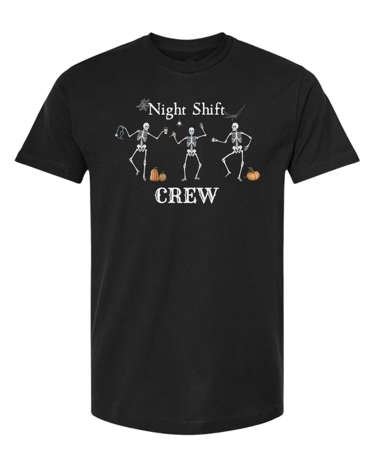 "Night Shift Crew" three skeleton nurses dancing graphic tee Unisex crew-neck  graphic tee Black