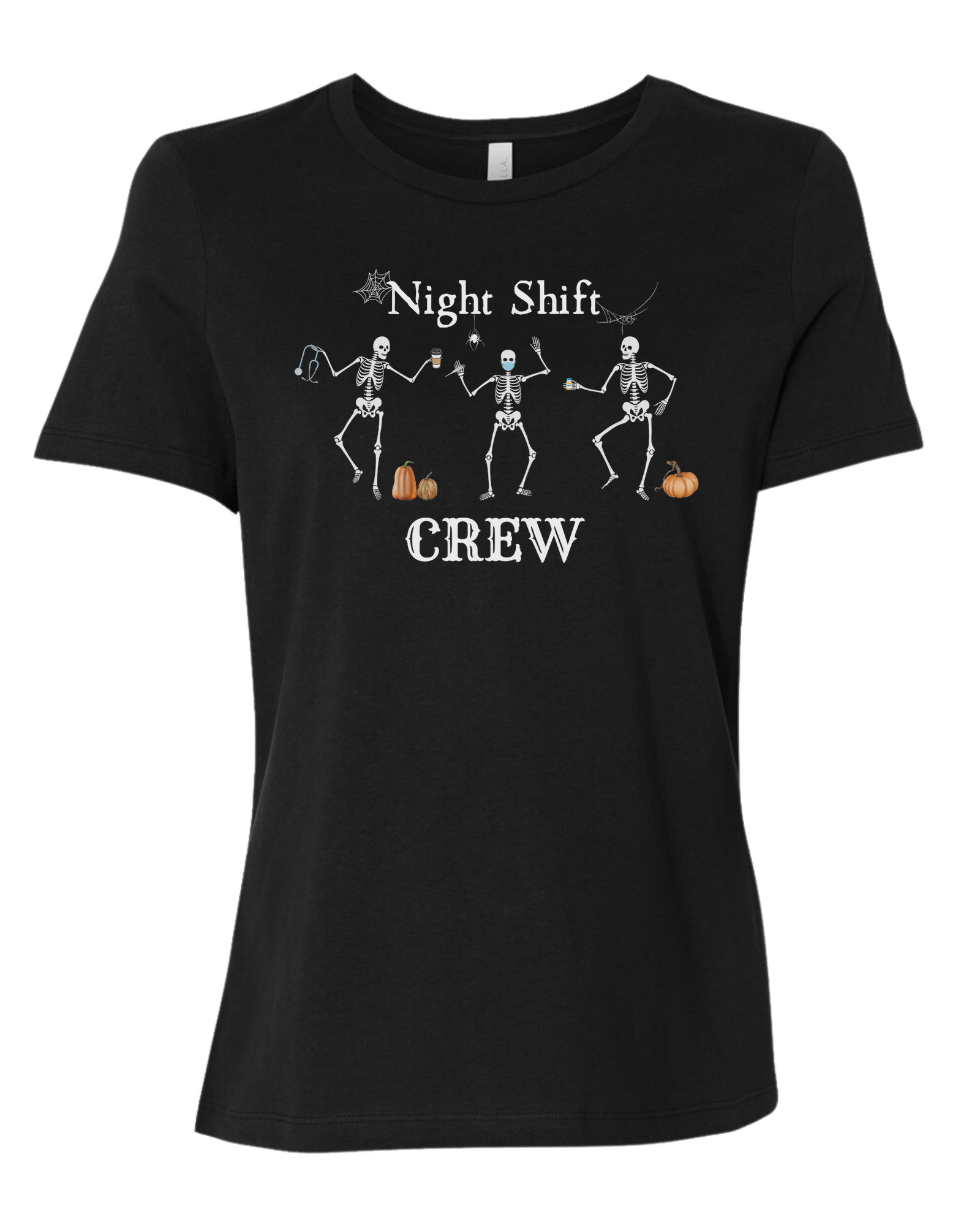 "Night Shift Crew" three skeleton nurses dancing graphic tee Women's fit premium crewneck tee Black
