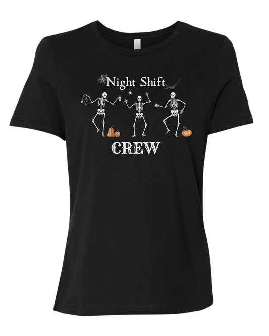 "Night Shift Crew" three skeleton nurses dancing graphic tee Women's fit premium crewneck tee Black