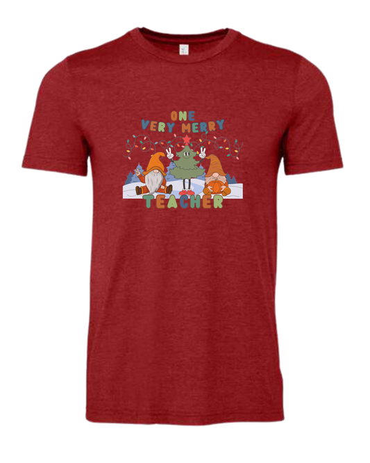 "One Very Merry Teacher" cute Christmas characters design Premium unisex crewneck tee Canvas Red