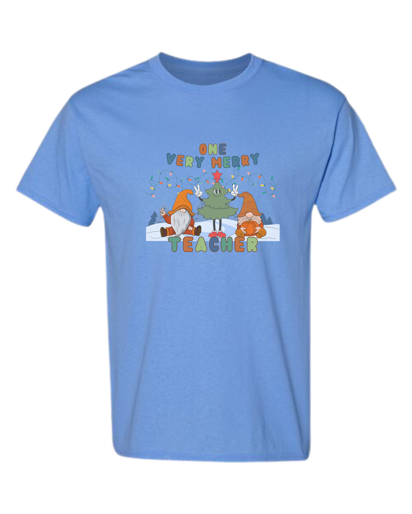 "One Very Merry Teacher" cute Christmas characters design Unisex crewneck graphic tee (light colors) Caroline Blue