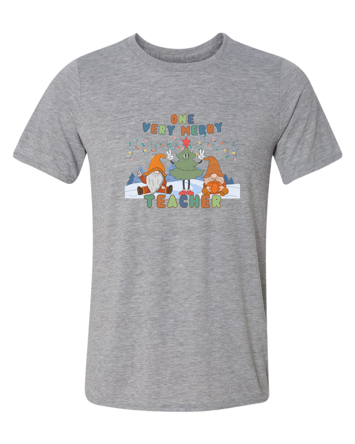 "One Very Merry Teacher" cute Christmas characters design Unisex crewneck graphic tee (light colors) Heather Grey