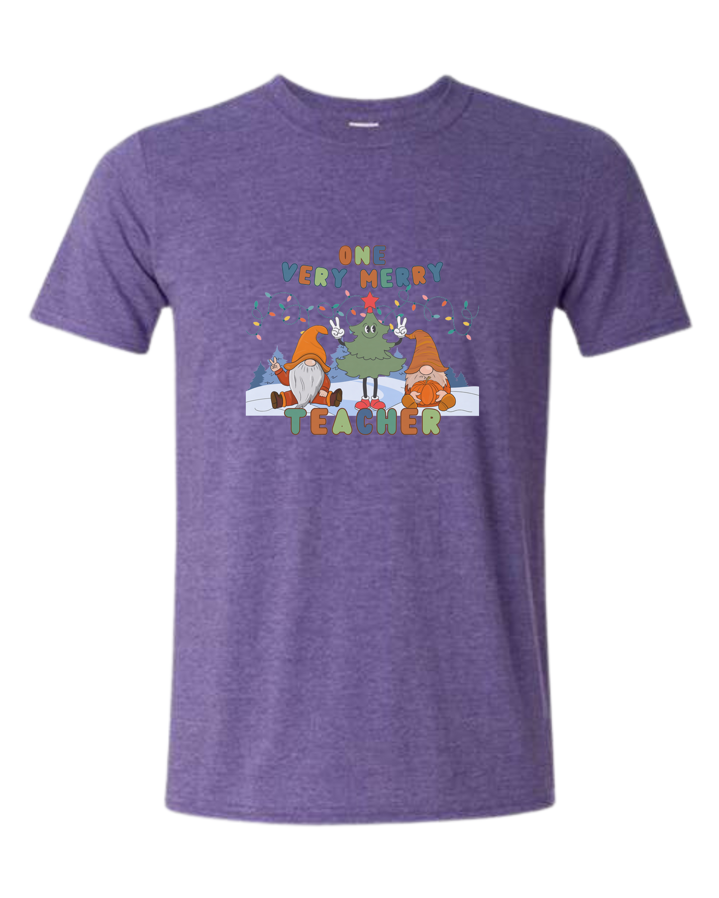 "One Very Merry Teacher" cute Christmas characters design Unisex crewneck graphic tee (light colors) Heather Purple