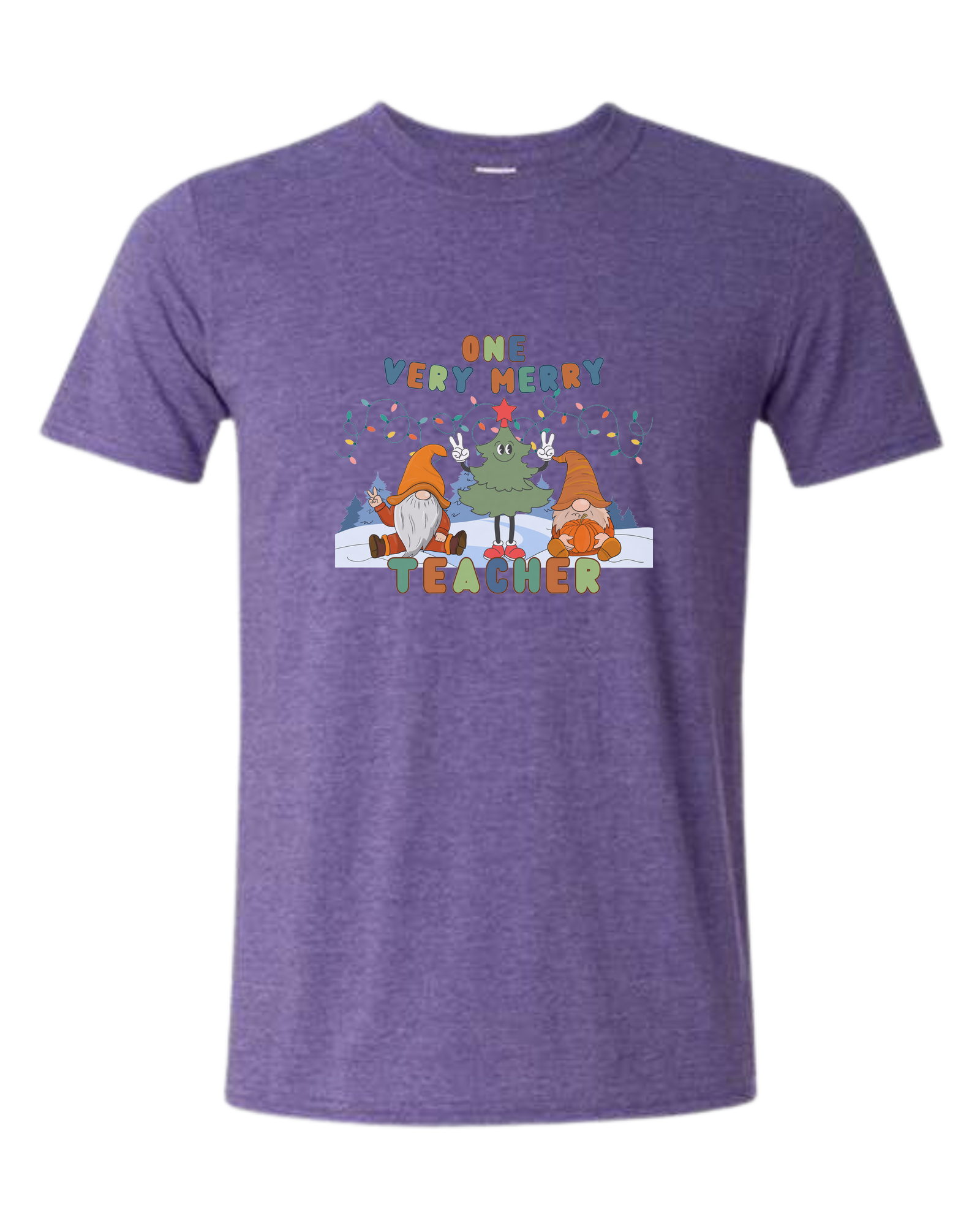 "One Very Merry Teacher" cute Christmas characters design Unisex crewneck graphic tee (light colors) Heather Purple