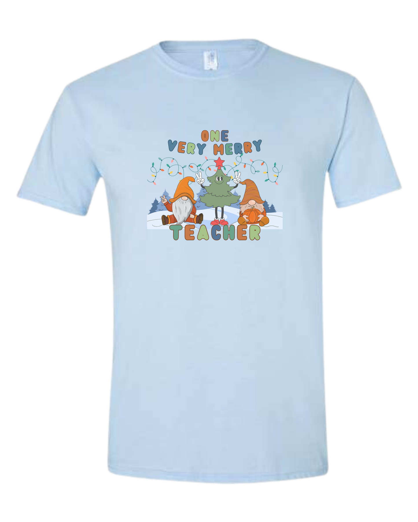 "One Very Merry Teacher" cute Christmas characters design Unisex crewneck graphic tee (light colors) Ice blue