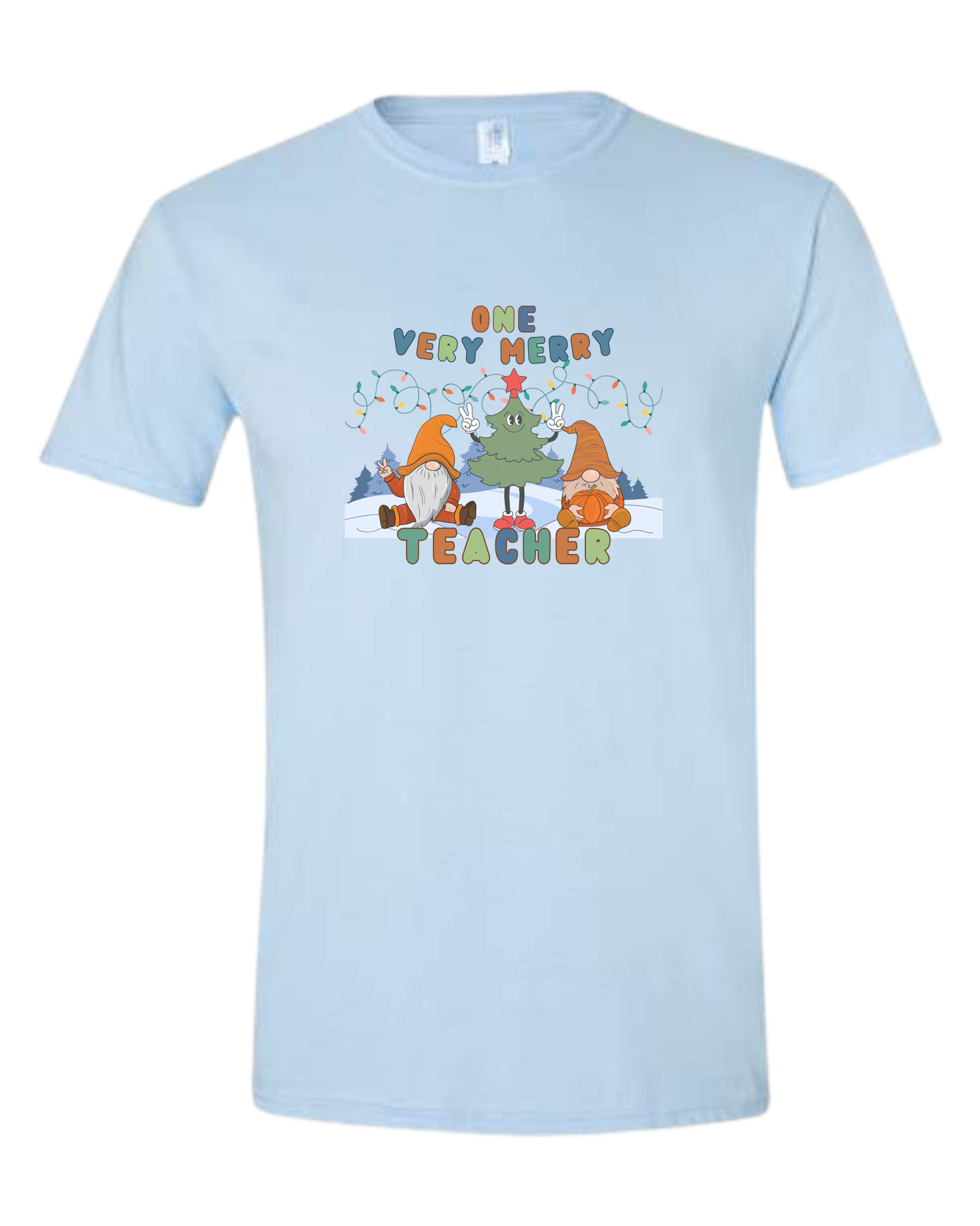 "One Very Merry Teacher" cute Christmas characters design Unisex crewneck graphic tee (light colors) Ice blue