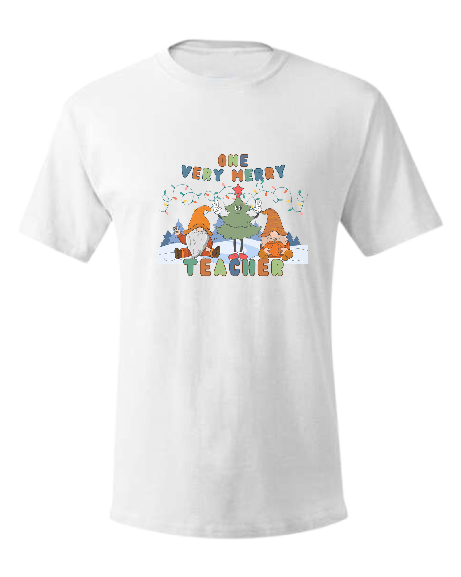 "One Very Merry Teacher" cute Christmas characters design Unisex crewneck graphic tee (light colors) White
