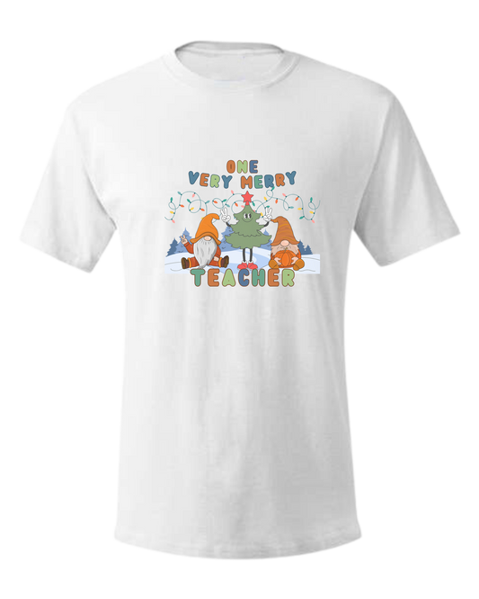 "One Very Merry Teacher" cute Christmas characters design Unisex crewneck graphic tee (light colors) White