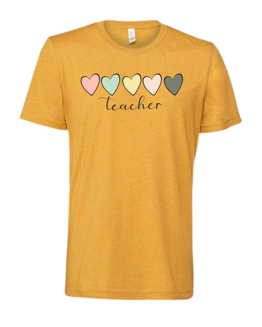 Pastel Colored minimalist hearts "TEACHER" design Premium unisex crewneck tee Heather Mustard