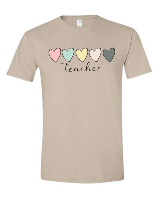 Pastel Colored minimalist hearts "TEACHER" design Unisex crewneck graphic tee (light colors) Beige