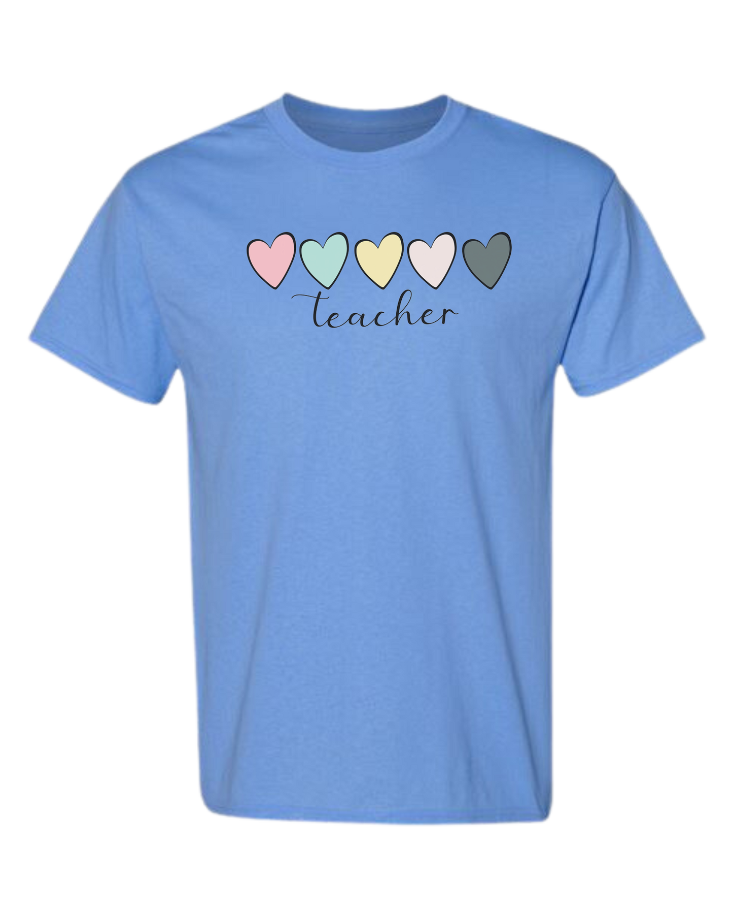 Pastel Colored minimalist hearts "TEACHER" design Unisex crewneck graphic tee (light colors) Caroline Blue