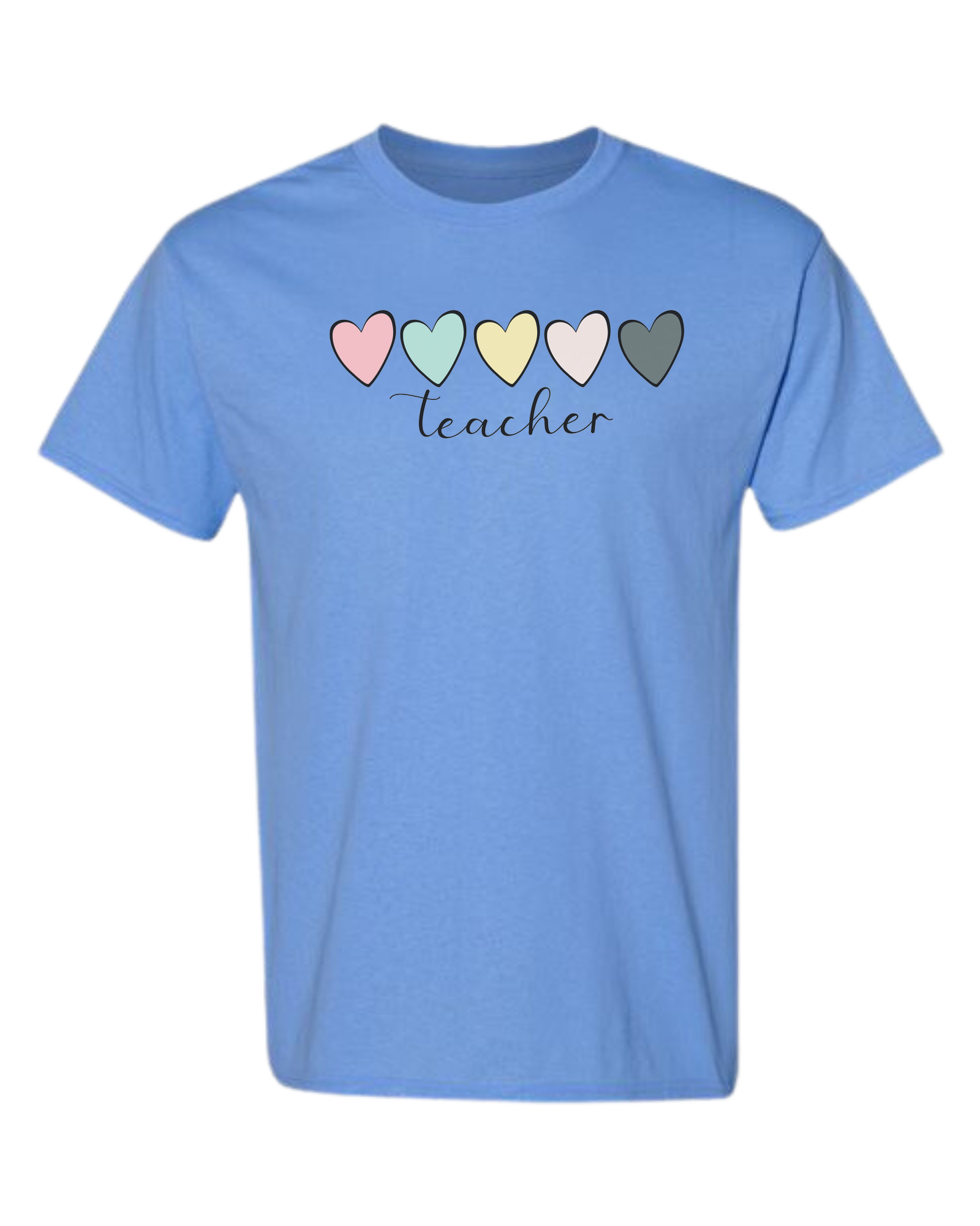 Pastel Colored minimalist hearts "TEACHER" design Unisex crewneck graphic tee (light colors) Caroline Blue