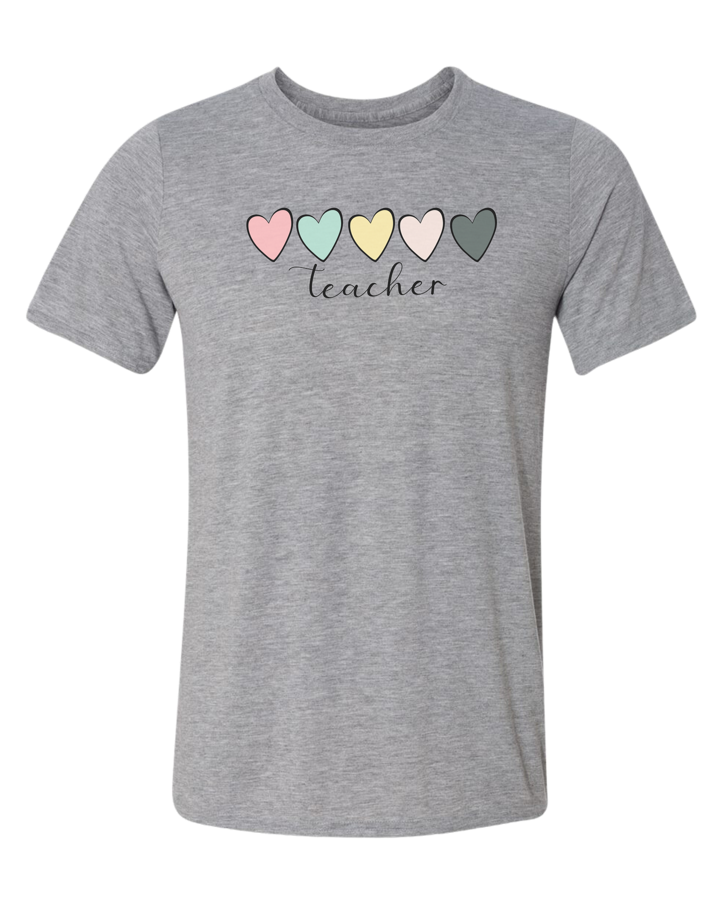 Pastel Colored minimalist hearts "TEACHER" design Unisex crewneck graphic tee (light colors) Heather Grey