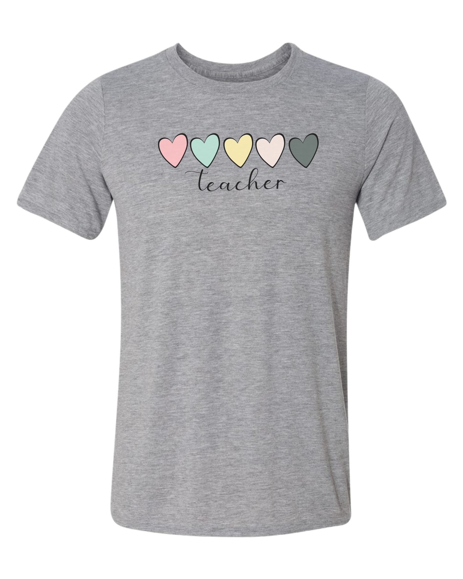 Pastel Colored minimalist hearts "TEACHER" design Unisex crewneck graphic tee (light colors) Heather Grey