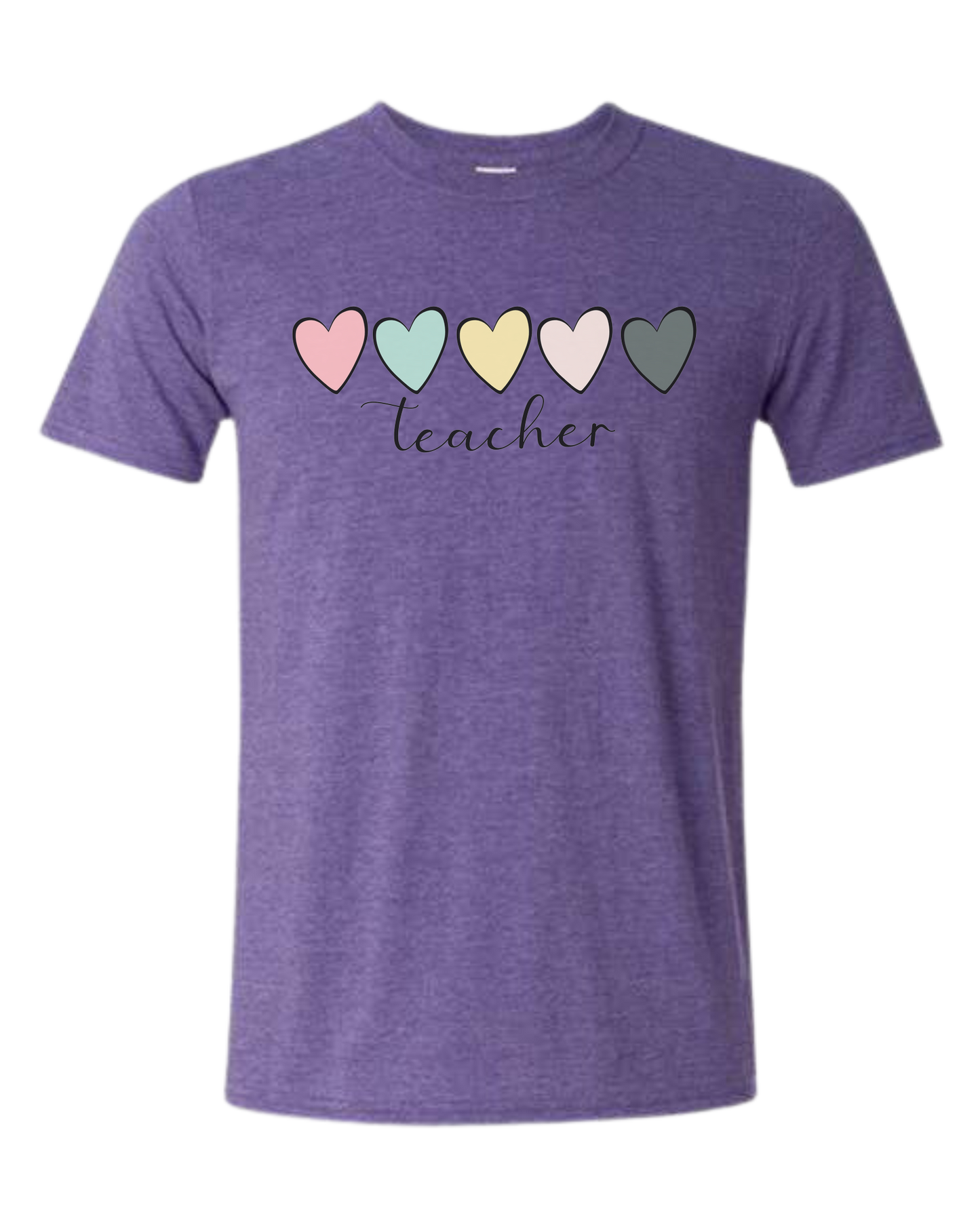 Pastel Colored minimalist hearts "TEACHER" design Unisex crewneck graphic tee (light colors) Heather Purple