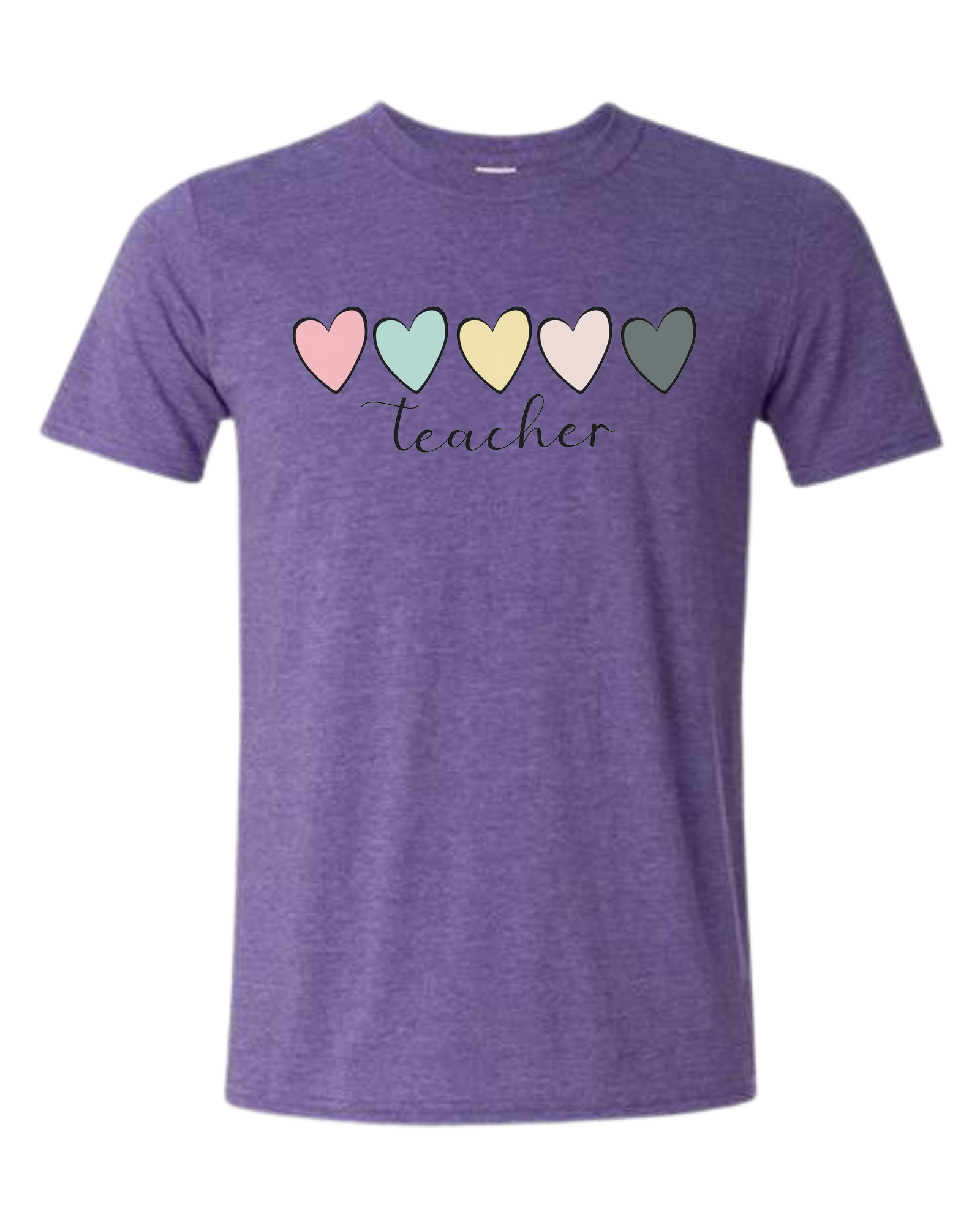 Pastel Colored minimalist hearts "TEACHER" design Unisex crewneck graphic tee (light colors) Heather Purple
