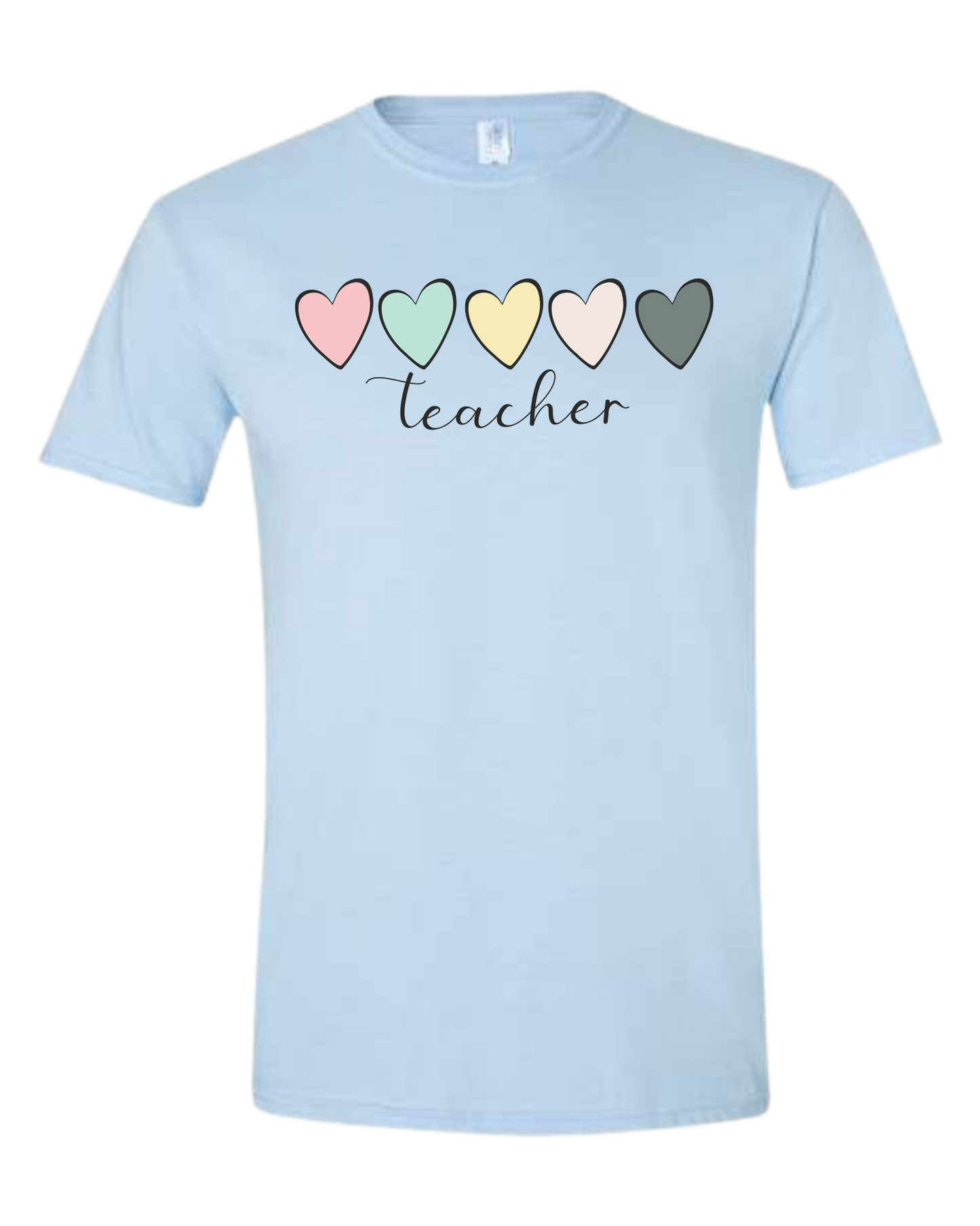Pastel Colored minimalist hearts "TEACHER" design Unisex crewneck graphic tee (light colors) Ice blue