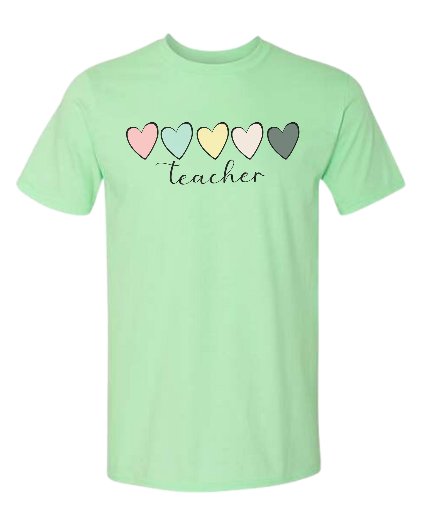 Pastel Colored minimalist hearts "TEACHER" design Unisex crewneck graphic tee (light colors) Mint Green