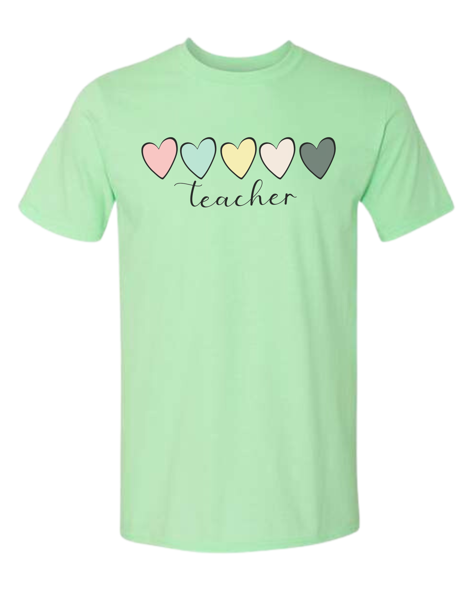 Pastel Colored minimalist hearts "TEACHER" design Unisex crewneck graphic tee (light colors) Mint Green