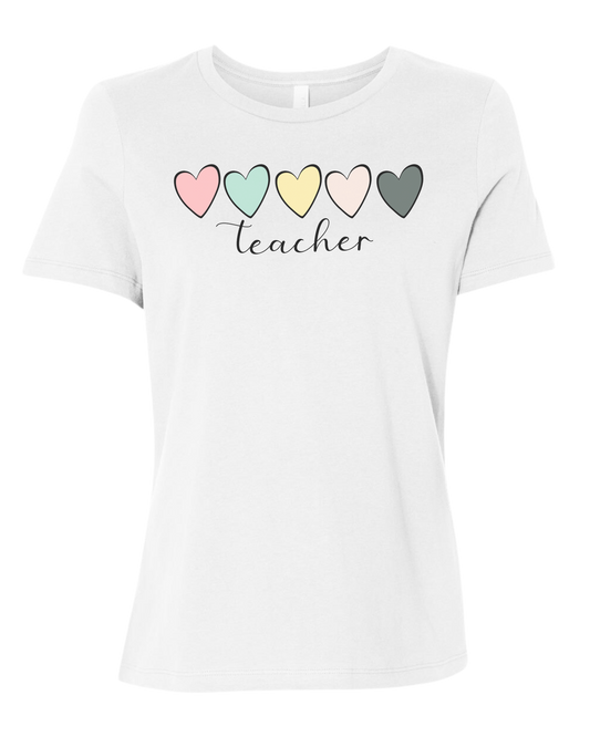Pastel Colored minimalist hearts "TEACHER" design Women's fit premium crewneck tee White