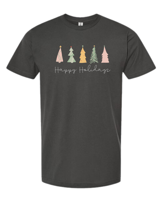 Pastel minimalist Christmas trees design Unisex crew-neck  graphic tee Charcoal Grey