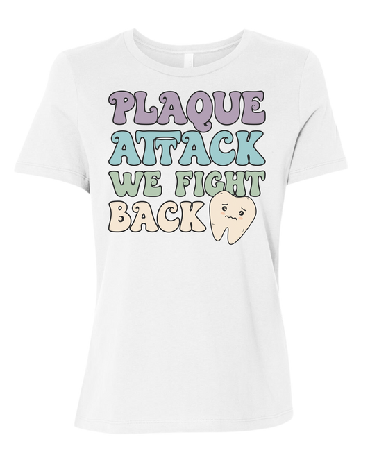 "Plaque Attack, We Fight Back" pastel color design Women's fit premium crewneck tee White