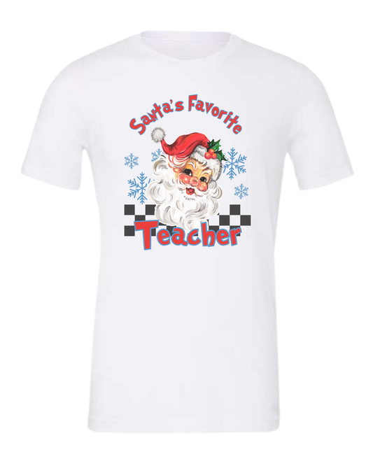"Santa's Favorite Teacher" design Premium unisex crewneck tee White
