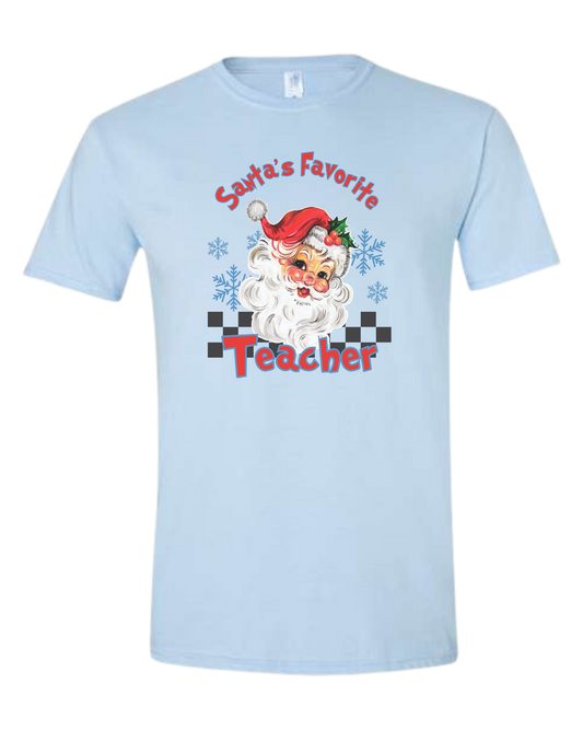 "Santa's Favorite Teacher" design Unisex crewneck graphic tee (light colors) Ice blue