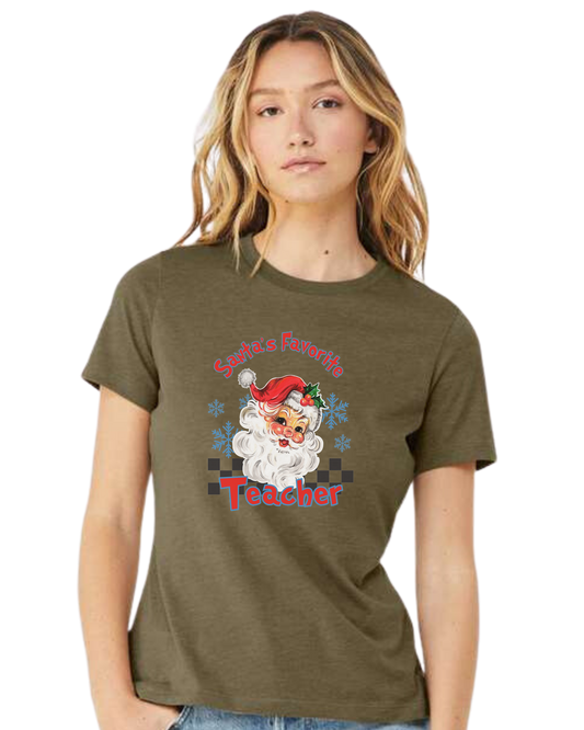 "Santa's Favorite Teacher" design Women's fit premium crewneck tee Olive