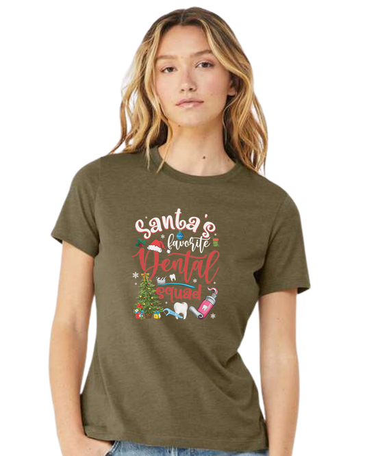 "Santa's favorite dental Squad" graphic Women's fit premium crewneck tee Olive