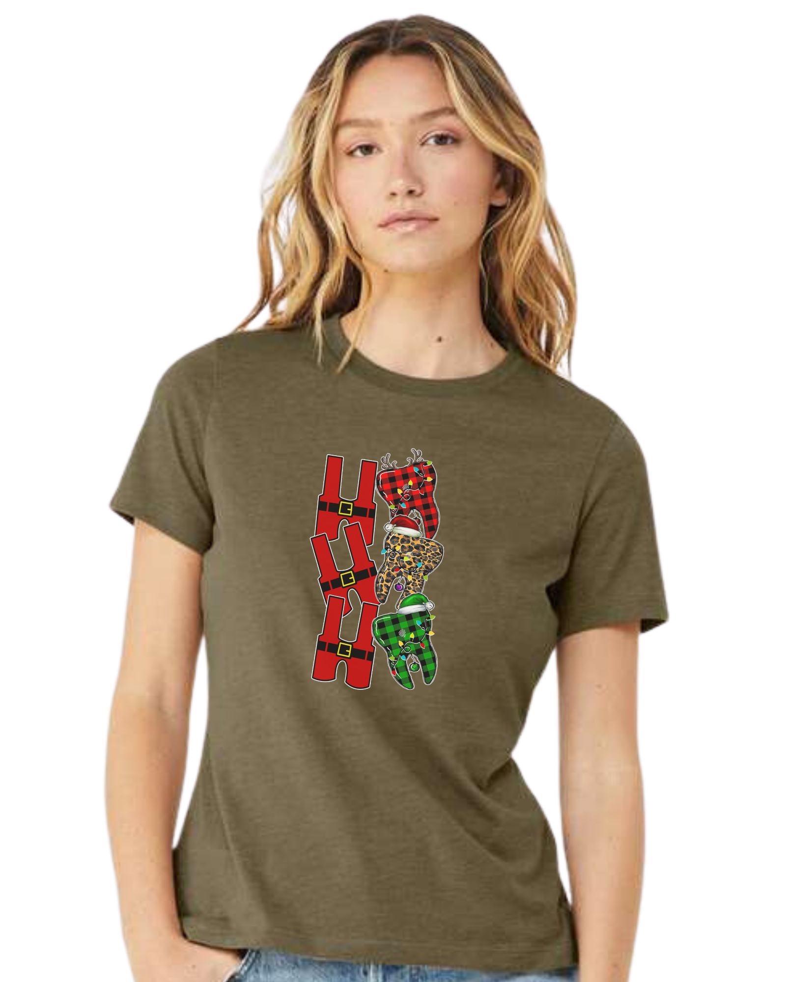 Santa suit H "HO HO HO" graphic Women's fit premium crewneck tee Olive