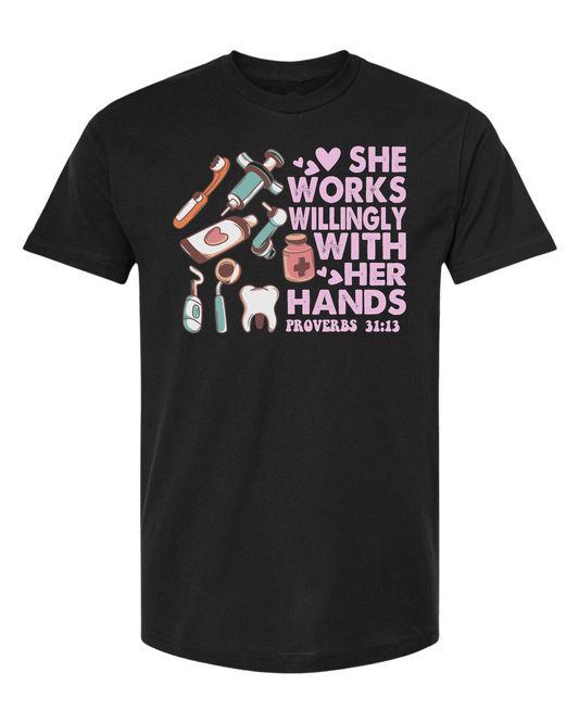 "She works willingly with her hands" dentistry graphic with cute dental supplies Unisex crew-neck  graphic tee Black