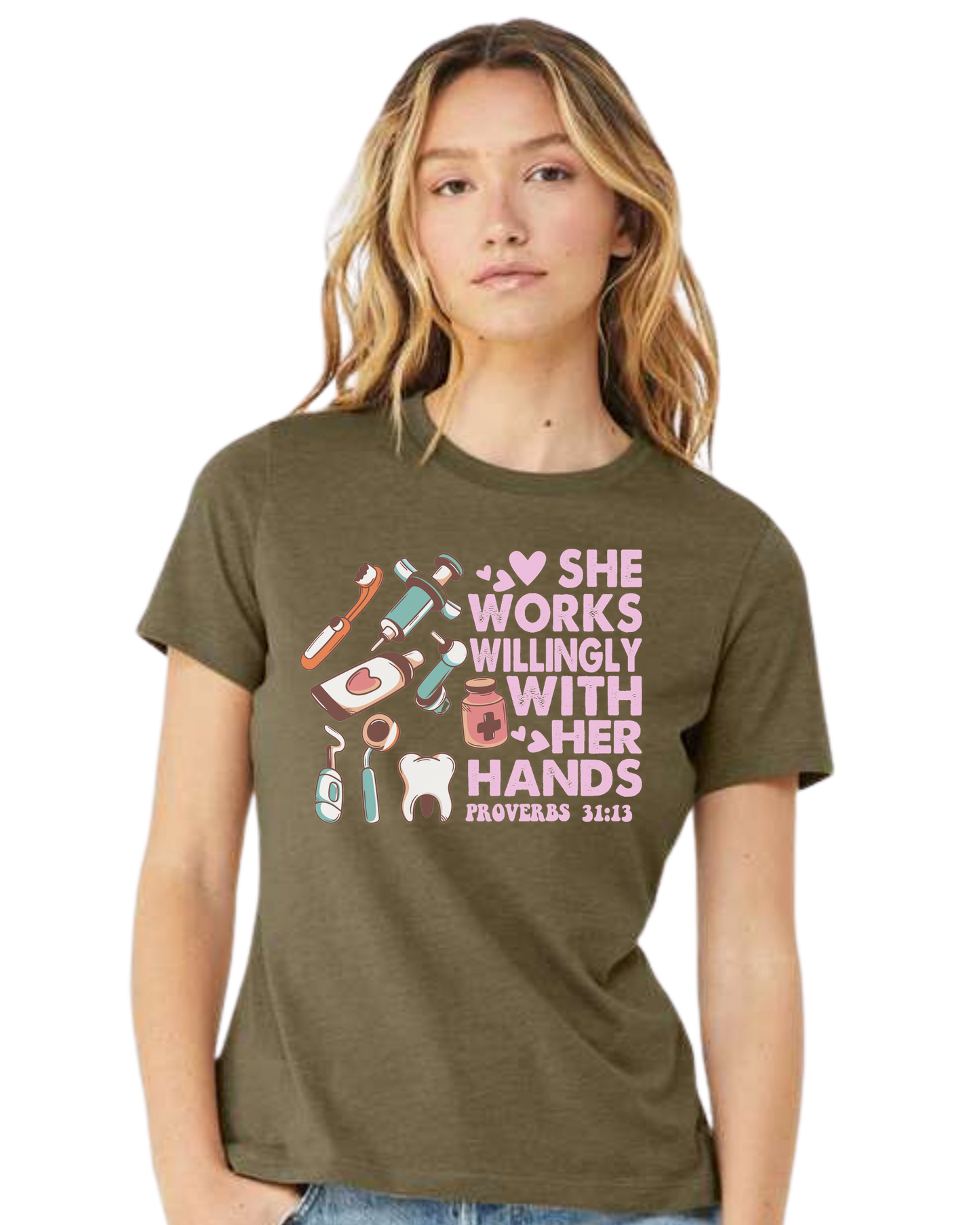 "She works willingly with her hands" dentistry graphic with cute dental supplies Women's fit premium crewneck tee Olive